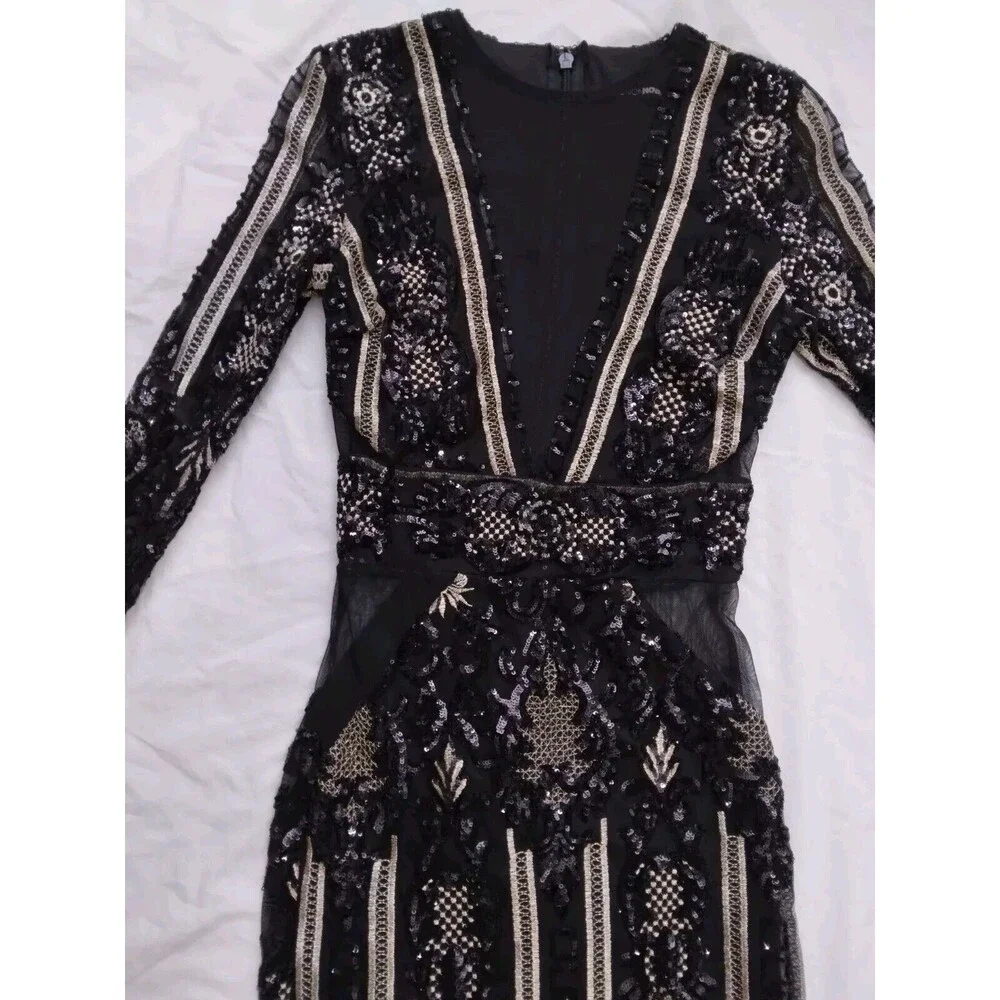 Fashion Nova Dress Black Gold Sequin Floral Embroidered Evening Gown Size Small - Picture 8 of 16